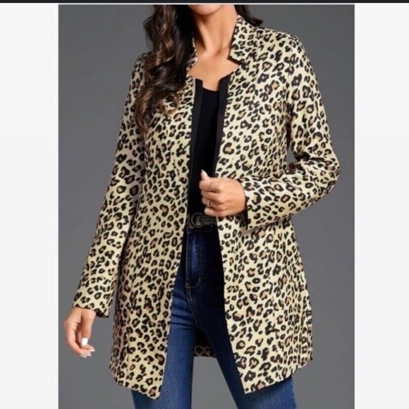 Floryday Leopard Print Long Singe Button Womens Blazer M - Picture 2 of 11